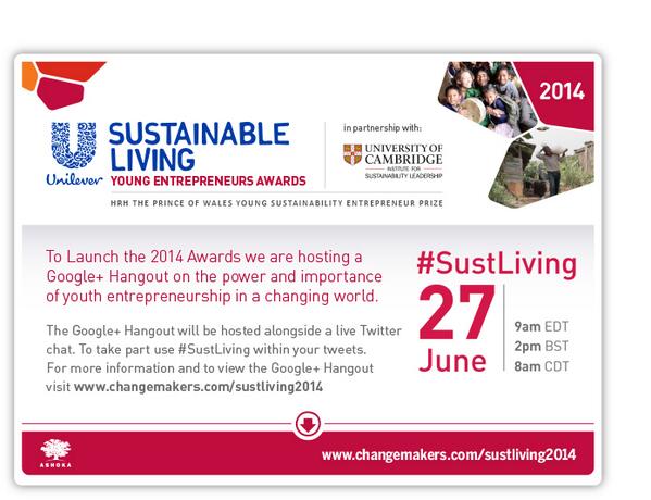 1Unilever's tweet photo. Youth Enterprise in hanging world:Hear #AshokaFellow @kiwanja talk #SustLiving http://t.co/vEldYxBnWj 27/06 11pm AEST http://t.co/o2zJ0PLmYL