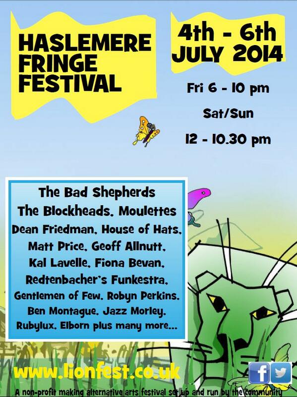 next Sat <a href="/HaslemereFringe/">Haslemere Fringe Festival</a> w/<a href="/battleofyou/">BATTLE OF YOU</a> <a href="/crosstowntrio/">The Crosstown Trio</a> <a href="/Rickyandthehats/">Rickyandthehats</a> <a href="/HugoandHarvey/">Hugo and Harvey</a> <a href="/rubylux/">Rubylux</a> <a href="/ben_montague/">Ben Montague</a> Tix£10