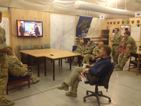 Bill taking a break between his lives and watching #bbcbreakfast with the troops and a cuppa!