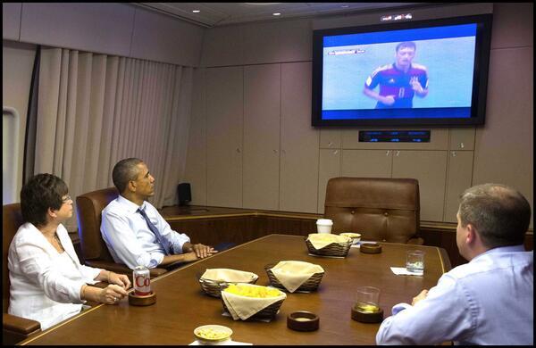 8by8mag's tweet photo. President @BarackObama caught the #USvsGER match from Air Force One yesterday. Quite the confident pose. http://t.co/sQWWzAHrn8