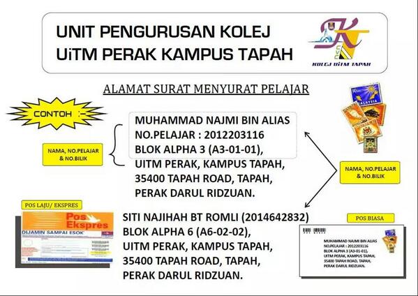 MPP UiTM Tapah on Twitter: "Alamat Surat Menyurat ke Kolej 