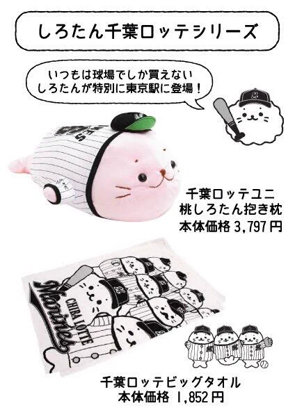 【東京駅一番街】いつもは球場でしか買えない「しろたん千葉ロッテシリーズ」が東京駅のお店に入荷するよ!千葉ロッテユニフォームを着た桃色しろたん抱き枕とビッグタオルです。明日6/28(土)から販売予定だよ☆ #sirotan 