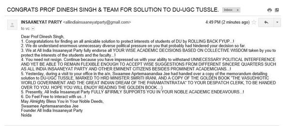 insaaneyatparty's tweet image. Letter of Appreciation to VC #DineshSingh! Shower Praise where due! #FYUP #DelhiUniversity #aisa #duta #abvp #tyup
