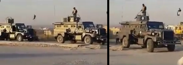 JulianRoepcke's tweet photo. #ISIS riding a convoy of "Iraqi Light Armored Vehicle" #MRAPs in #Mosul. 
#Iraq 
#worst_case http://t.co/6foImpxf4N