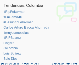trendinaliaCO's tweet photo. #RIPSuarez acaba de convertirse en TT ocupando la 6ª posición en Colombia. Más en http://t.co/XettduK3x2 #trndnl http://t.co/83gsREwV8T