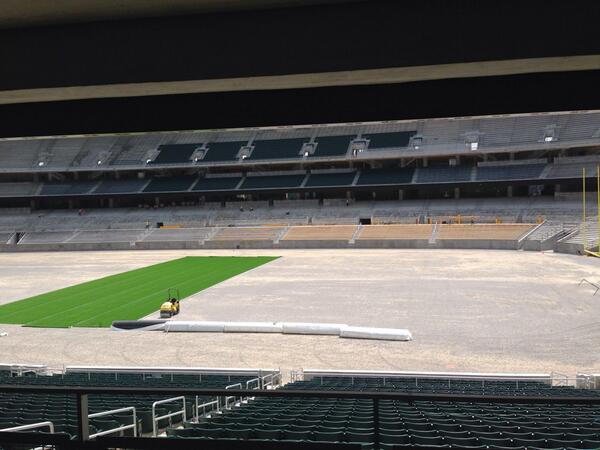 #SicEm MT @BUHoops30: Four strips of turf <a href="/McLaneStadium/">McLane Stadium</a> are installed; Baylor Line bleachers also being installed