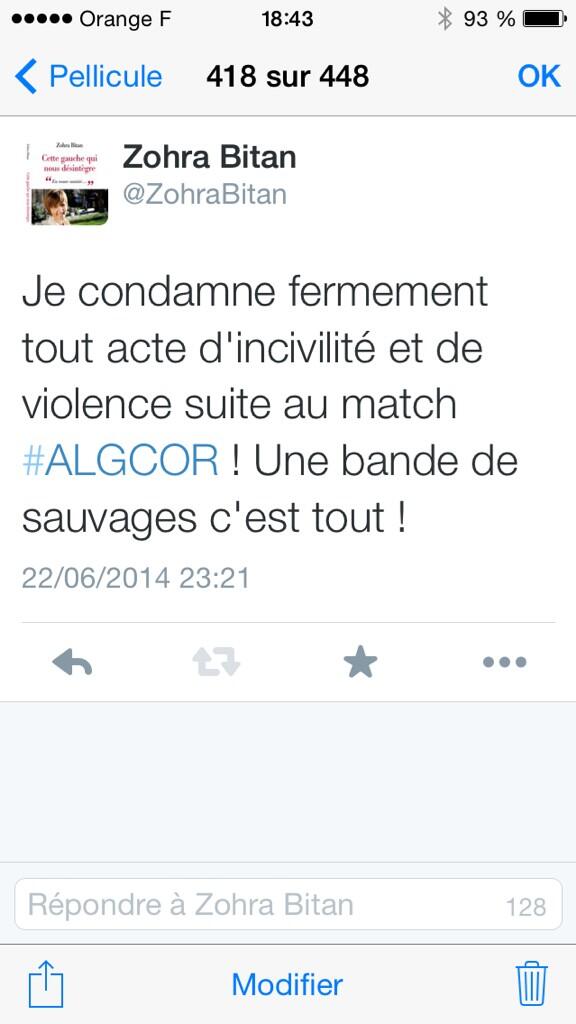 ZohraBitan's tweet photo. Coucou à ceux qui au 1er match #ALGCOR m'ont traités de Facho et stigmatiser. Tout le monde recon qu1 minorité sévit http://t.co/Bq35D3ff3l