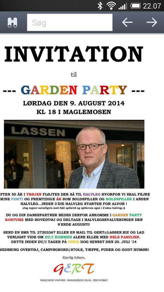 GertLassen's tweet photo. GARDEN PARTY I MOSEN DEN 9. AUGUST '14 FRIENDS OG FOLLOWERS ER VELKOMMEN.TILMELDING NØDVENDIG! #LASSEN #GARDENPARTY http://t.co/WGeTLonxSS