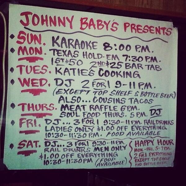Dabarber651's tweet photo. 3-4-1 at Johnny baby's 9:30pm-11pm.. Come get 3 drinks sucka http://t.co/UCEyzJ4f07