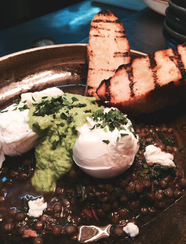 Heff's wintery poached egg special this morning - ham hock, lentils, pea puree and goats curd
