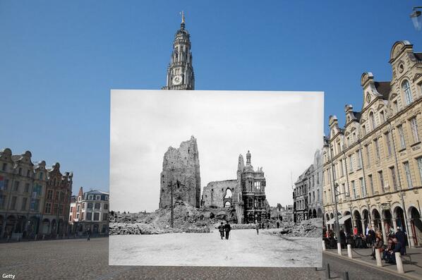 WSJ's tweet image. Photos show WWI sites as they were 100 years ago, matched with their present-day images: on.wsj.com/UPZCWv
