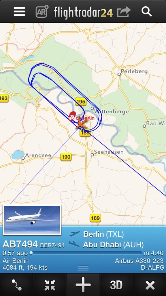 airlivenet's tweet photo. LIVE Airbus A330 Air Berlin flight #AB7494 from Berlin to Abu Dhabi is Holding Pattern Northeast of Berlin. http://t.co/cdgjDD7qrP