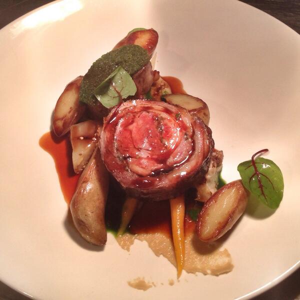 MuseRestaurant's tweet photo. Grilled Driview Farm lamb saddle, lamb neck, herbed crust, fingerling potatoes, eggplant bagna cauda #musefeast http://t.co/T2w6Gtthcp