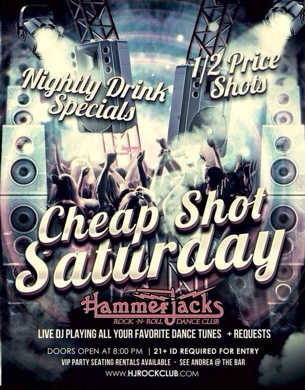 HammerjacksSJ's tweet photo. TONIGHT!

#CheapShotSaturday

w/ @DJSoundninja &amp; MC @Tres314!

8pm-1am!

ALL SHOTS 1/2 PRICE!

Drink specials too! http://t.co/JJgyae6FW8