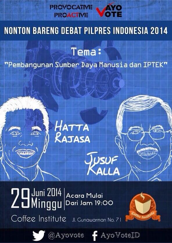 AyoVote's tweet photo. Jangan lupa nonton bareng #debatcawapres malam ini bareng @AyoVote jam 8:30 http://t.co/65Jnrrv4Av
