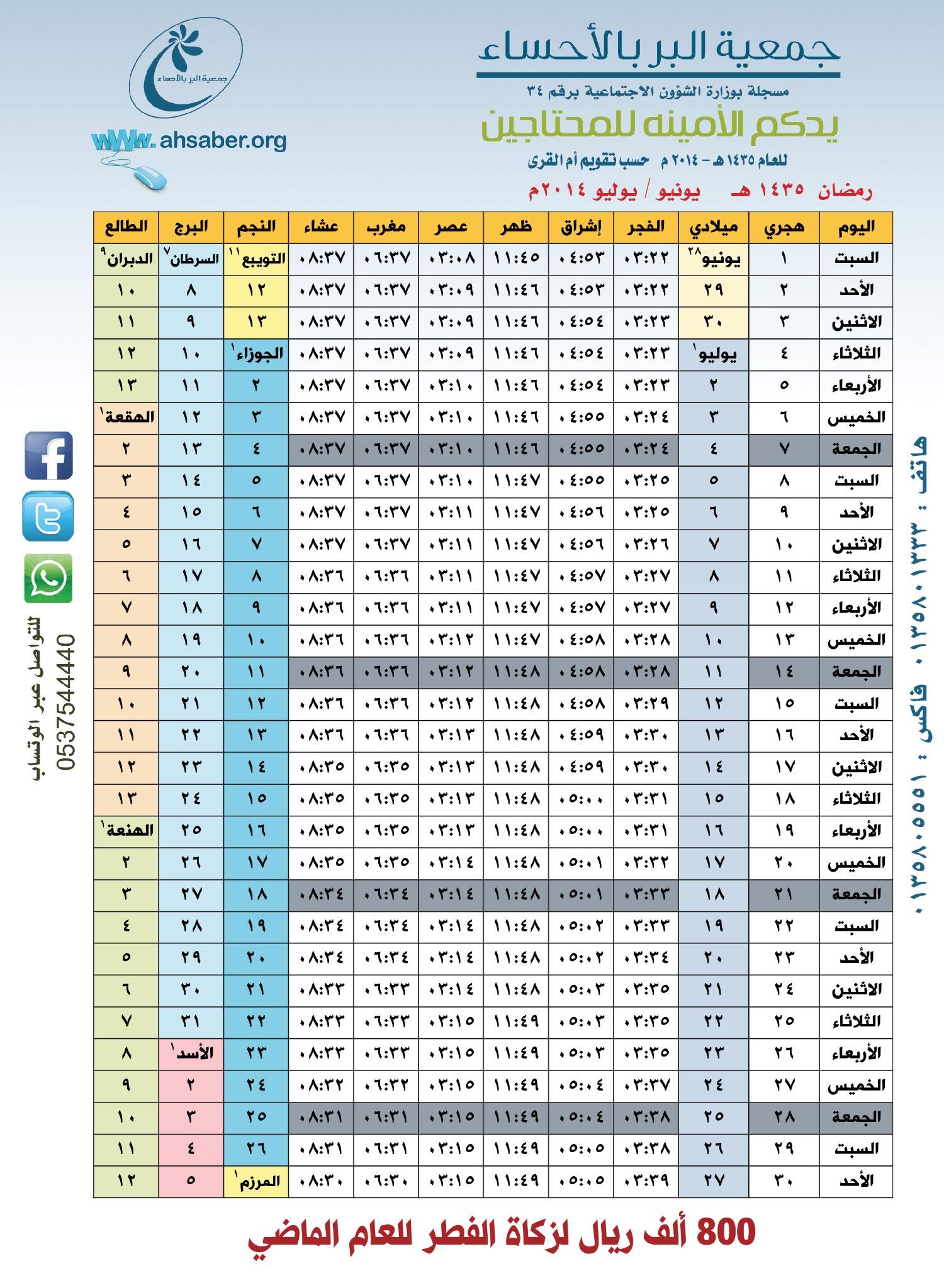 جمعية البر بالأحساء On Twitter مواقيت الصلاة لشهر رمضان 1435 جمعية البر بالأحساء الأحساء إمساكية رمضان Http T Co Unfccurtpj