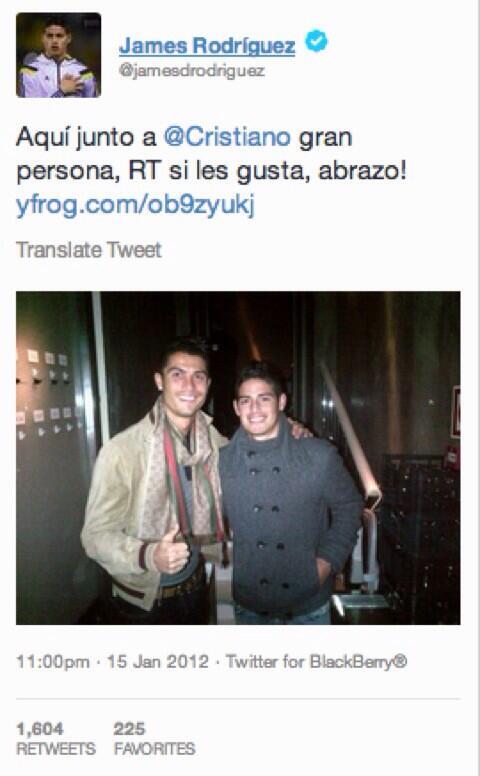 FootballFunnys's tweet photo. Two-and-a-half years ago James Rodríguez met his idol, Cristiano Ronaldo. 

He's now outshone him in the World Cup. http://t.co/xWQtr80URu