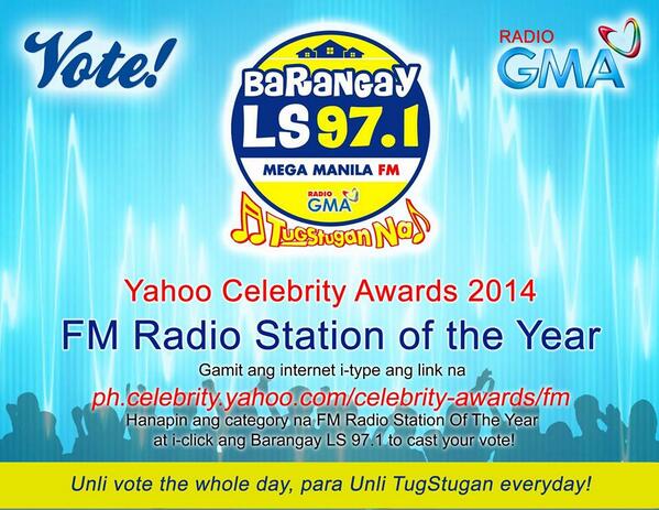 anDUDUTgels's tweet photo. Vote BARANGAY LS 97.1 for FM Radio Station of the Year in #YahooAwards #3PEAT https://t.co/954CyDsLWh @xtianbautista http://t.co/ZqGGYyH8Lm