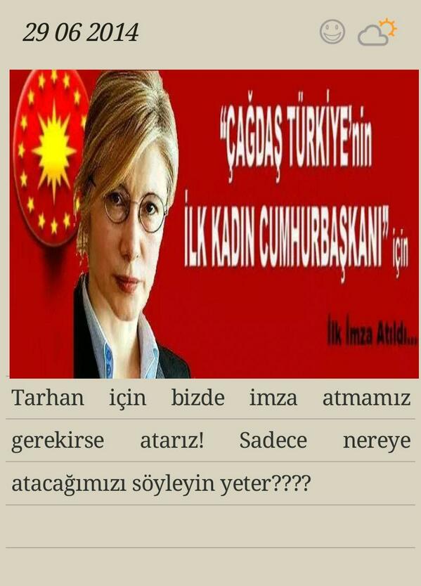 Morsalkim's tweet photo. Emine Ülker Tarhan cumhurbaşkanı adayım http://t.co/MFRG2CNbI9