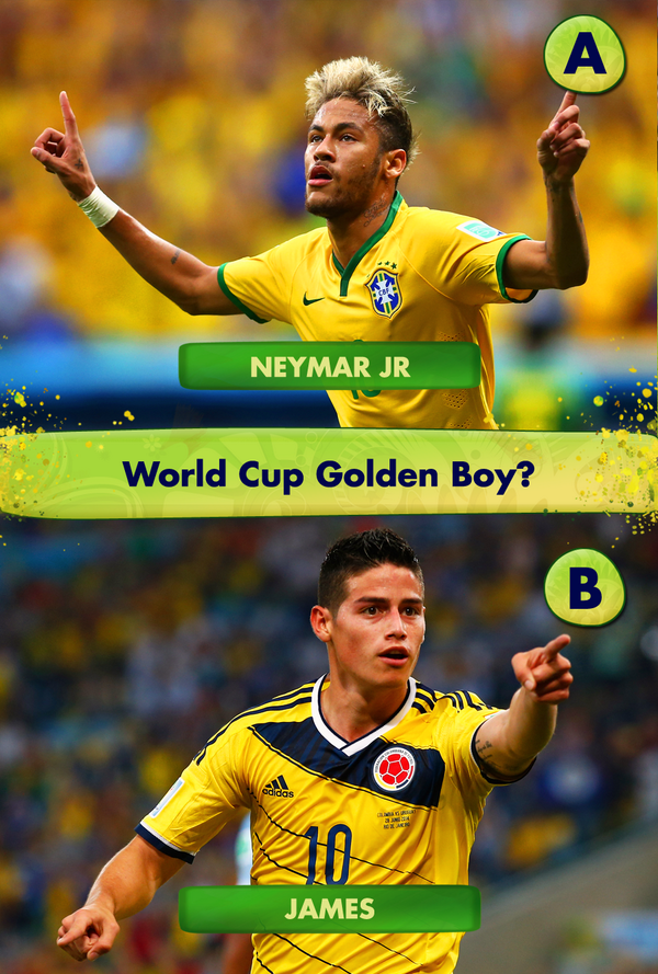 EASPORTSFC's tweet photo. This World Cup's Golden Boy: @neymarjr or @jamesdrodriguez? http://t.co/UepBqL6Ob3