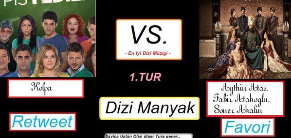 EN IYI DIZI MÜZIGI (1.TUR)
#PisYedili #Kolpa >> Retweet (RT)
#MuhtesemYüzyil Jenerik Müzigi >> Favori (FAV)
