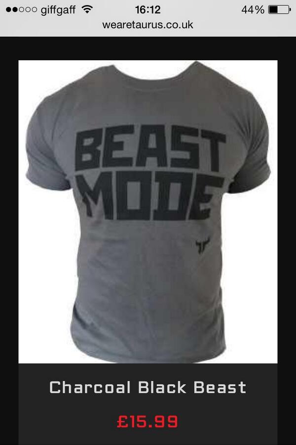 AaronFewlass's tweet photo. Just got mysen the charcoal beast mode tshirt with a discount @wearetaurus  👍 http://t.co/t3csw3R6ZP
