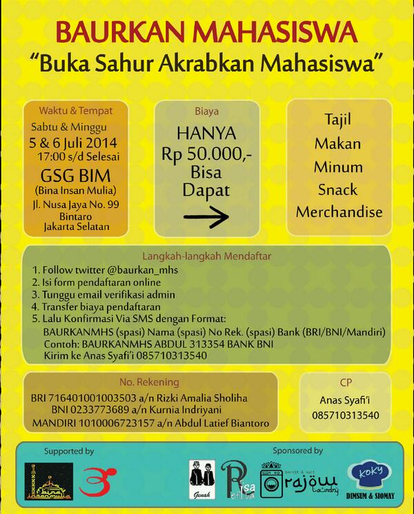 baurkan_mhs's tweet photo. Sambil sahur, yuk daftarkan diri kamu di acara Baurkan Mahasiswa cc: @mahasiswajokam https://t.co/3QuGePTHte http://t.co/VEqyJcwOls