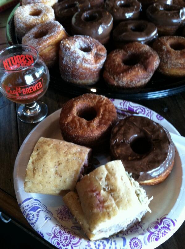 craftbrewednash's tweet photo. How about a @Flat12Bierwerks espresso scotch ale to go with @slocosammies #cronut and sammich for #NashCBW finale?? http://t.co/SYToMLp2SW