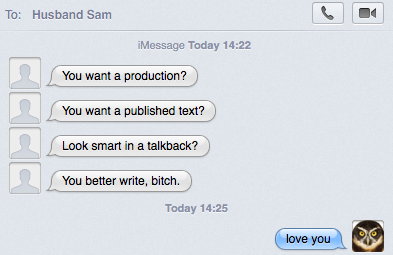 SarahKosar's tweet photo. Officially best text I've ever received &amp; ever will receive. There is a method to my marriage @samular #writebitch http://t.co/cp4H2O7jmr