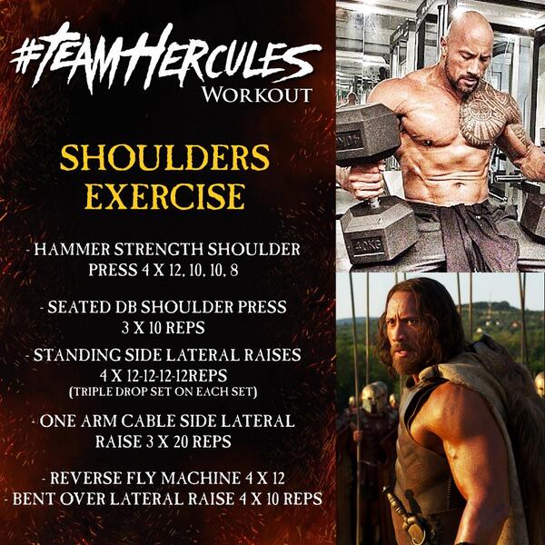 Dwayne Johnson on X: My shoulder workout for #HERCULESMovie Push yourself  & use good form. Have fun and enjoy the pain..#TeamHercules   / X