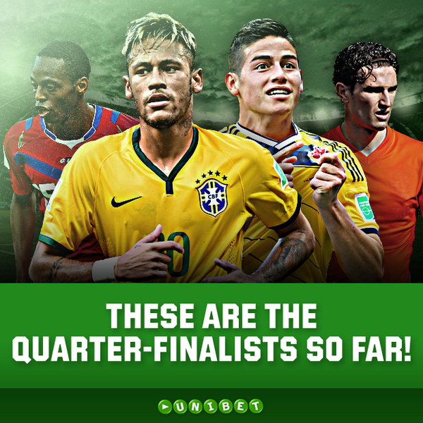 These are the quarter-finalists so far: 
Brazil - Colombia
Holland - Costa Rica
