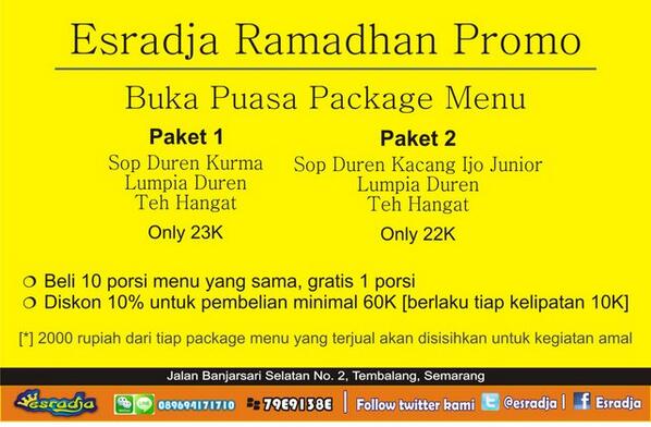 nge-Sop Duren sambil beramal?
ada menu-menu paket di Esradja.
sebagian hasil penjualan akan
didonasikan :)