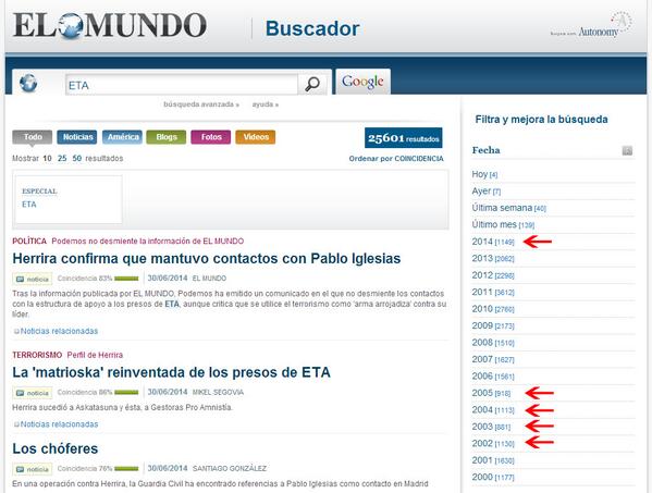 El Mundo (a 30 de Junio de 2014) ha generado más noticias sobre ETA este año que cuando ETA mataba BrX4ORhIIAAzcAT