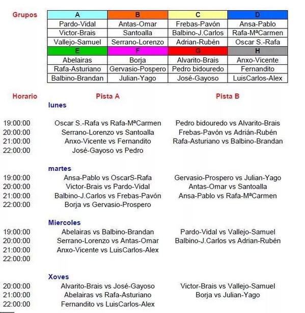 Grupos e horarios do torneo de padel que comeza hoxe ás 19:00.