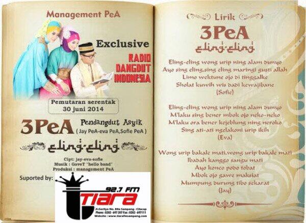 Jangan lupa dengarin pemutaran serentak single 3PEA - Eling Eling @3peA sore ini di Tiara Radio.