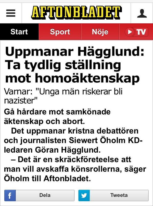 JohanForsberg's tweet photo. Siewert Öholm: Samkönade äktenskap leder till nazism.

Jag: Inskränkta bajsåsikter leder till Siewert Öholm. http://t.co/pVIxaBHvAE