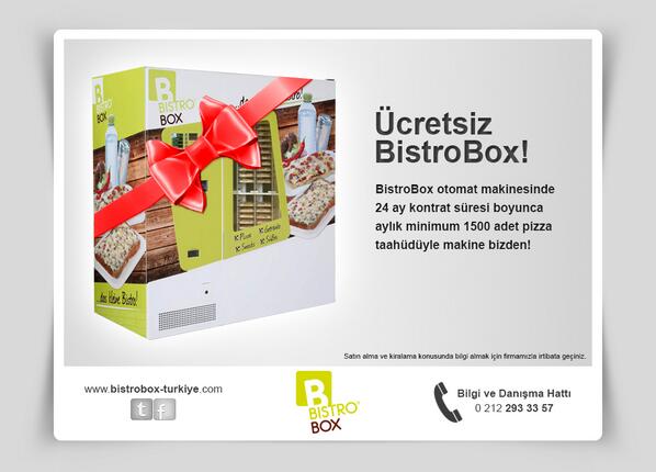Ücretsiz Bistrobox Pizza Otomatı
24 ay kontrat süresince aylık minimum 1500 adet pizza taahhüdüyle makine bizden...