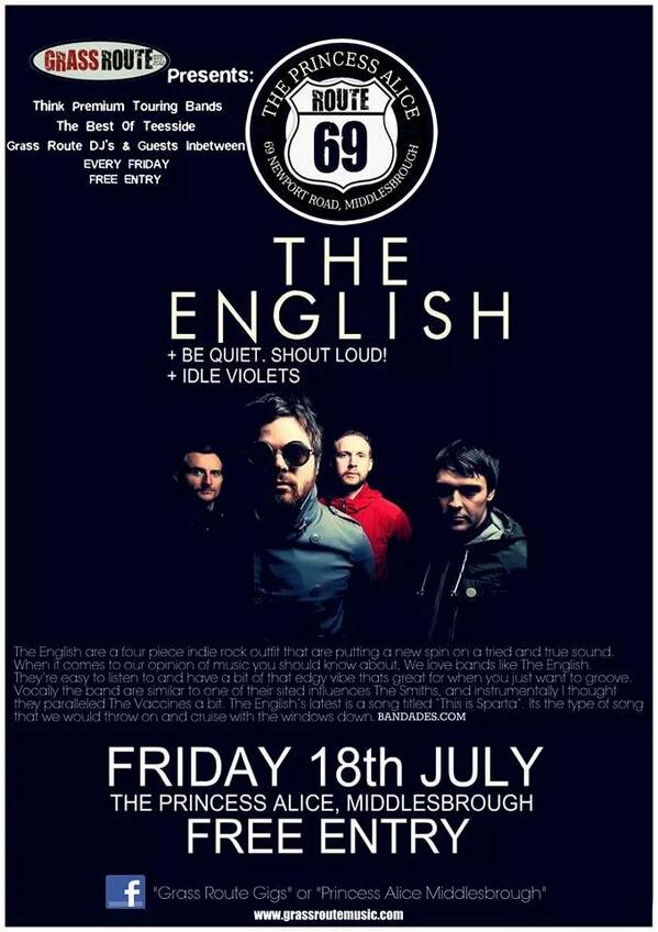 GrassRouteMusic's tweet photo. @theenglishband "The Vaccines meet The Smiths" play Route 69 at The Princess Alice Mbro Fri 18th July http://t.co/4JDZlAJONZ