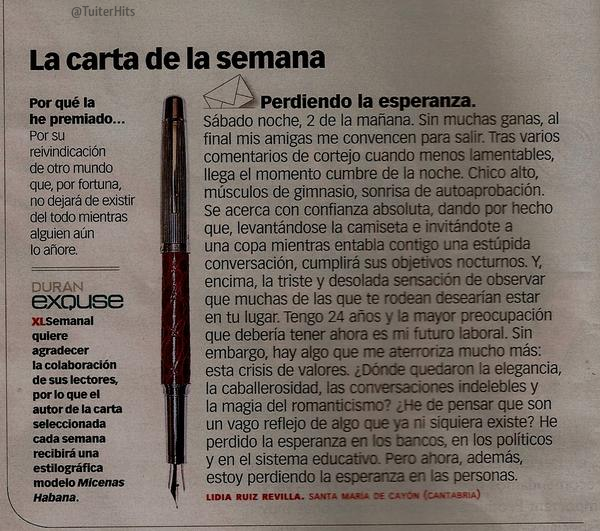 TuiterHits's tweet photo. Invertir unos minutos de vuestras vidas en leerlo, merece la pena.La carta de la semana, por XLSemanal. http://t.co/GSBqYUWauJ