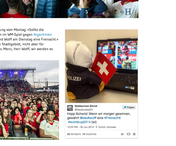 watson_news's tweet photo. danke für den tweet @StadtpolizeiZH - Liebe Nati, schenkt uns eine Freinacht http://t.co/pO7TV4X7PY #WM2014 #watsonWM http://t.co/rqZlR1x0Ju