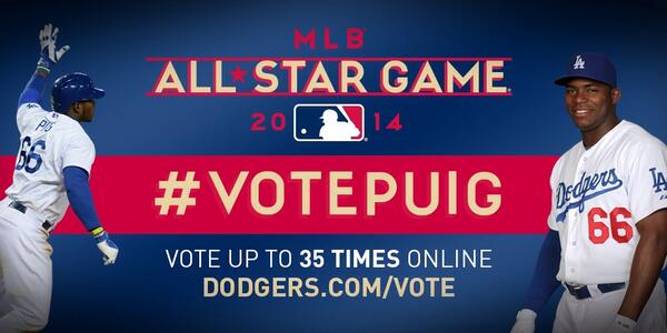 Final NL balloting update announced tomorrow. As of 6/23 <a href="/YasielPuig/">Yasiel Puig</a> leads all NL outfielders. Dodgers.com/vote