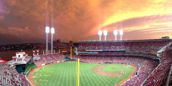 Reds's tweet photo. Not to get off topic here, but Great American Ballpark is rather pretty lady tonight http://t.co/hlaioRUM95