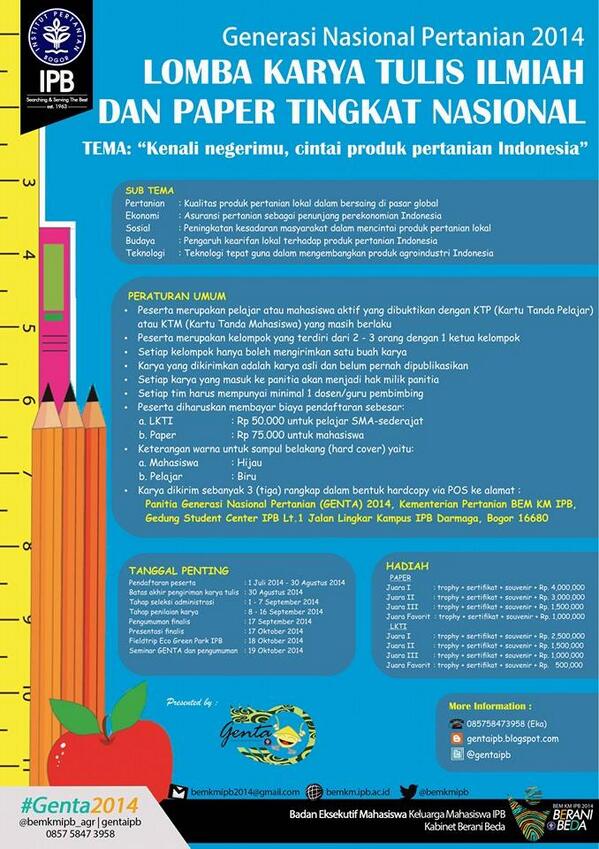 Buruan daftar di lomba paper pertanian tingkat nasional dg hadiah yg fantastis!!!  | Info: <a href="/GentaIPB/">GENTA IPB</a>