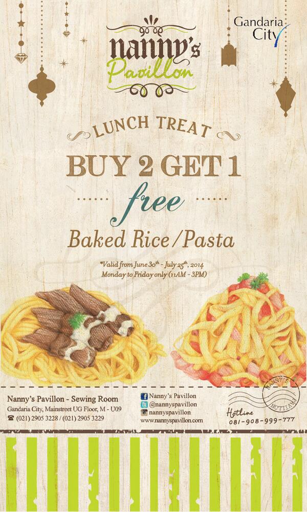GandariaCity's tweet photo. Lunch Treat Promo, buy 2 get 1 FREE baked rice / pasta. Kamu juga bisa menggunakan #MDVGC loh di @nannyspavillon :) http://t.co/AWIYS4Mi52