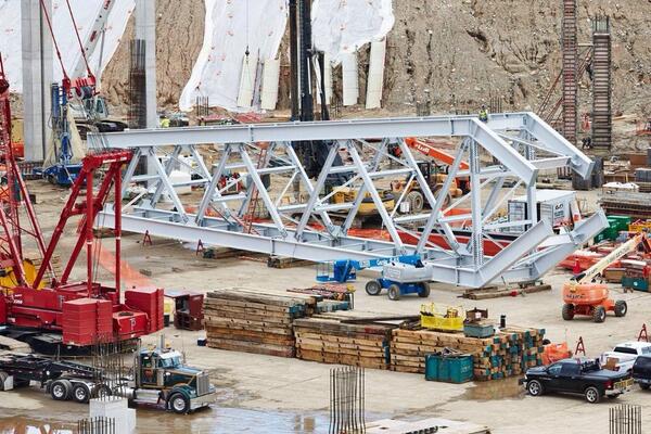 Vikings's tweet photo. PHOTOS- Massive crane arrives at the site of the #NewVikingsStadium: http://t.co/PM0eQVLtDf http://t.co/UrUJRc8T4l