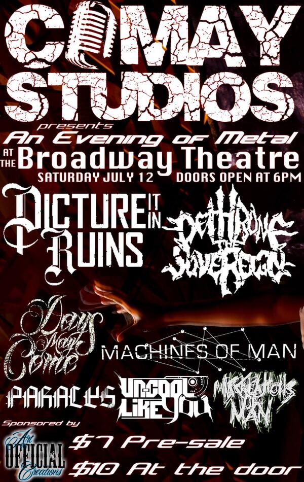 DethroneMetal's tweet photo. Next show: Saturday, July 12th @ The Broadway Theater in Rock Springs, WY w/ @piirband, @machinesofman, and more!! http://t.co/D4Fh2Pg8K3