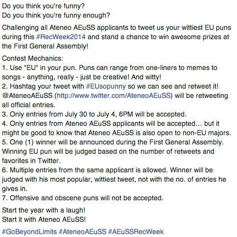 AteneoAEuSS's tweet image. Contest Mechanics! Join in the fun! We know #EUsopunny! #RecWeek2014 #AEuSSRecWeek
