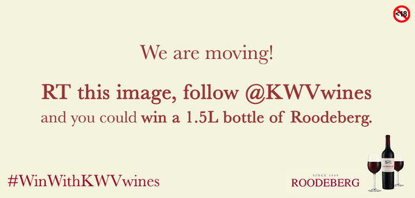 Roodebergwine's tweet photo. We are moving! RT this image, follow @KWVwines &amp; you could win a 1.5L bottle of Roodeberg! #WinWithKWVwines http://t.co/7XtGv9a2TK