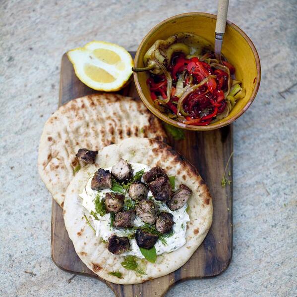 jamieoliver's tweet photo. Morning lovely people #recipeoftheday 
Souvlaki Wicked kebabs With tzatziki &amp; grilled peppers http://t.co/bowHPneh2D http://t.co/aEbLeNE2QA