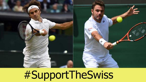 swiss_tennis's tweet photo. Switzerland vs. Spain today @Wimbledon. Can @rogerfederer &amp; @stanwawrinka make it an all-Swiss QF? #SupportTheSwiss http://t.co/DywSeS1fnr